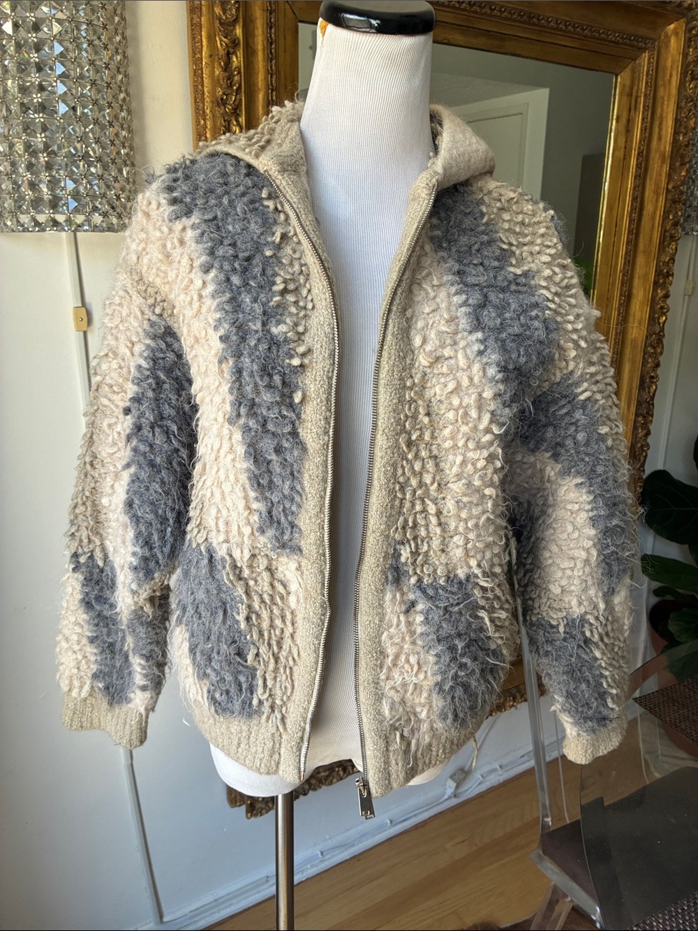 Stella McCartney alpaca wool Neutral Textured Zip-Up Hooded Jacket - size 36